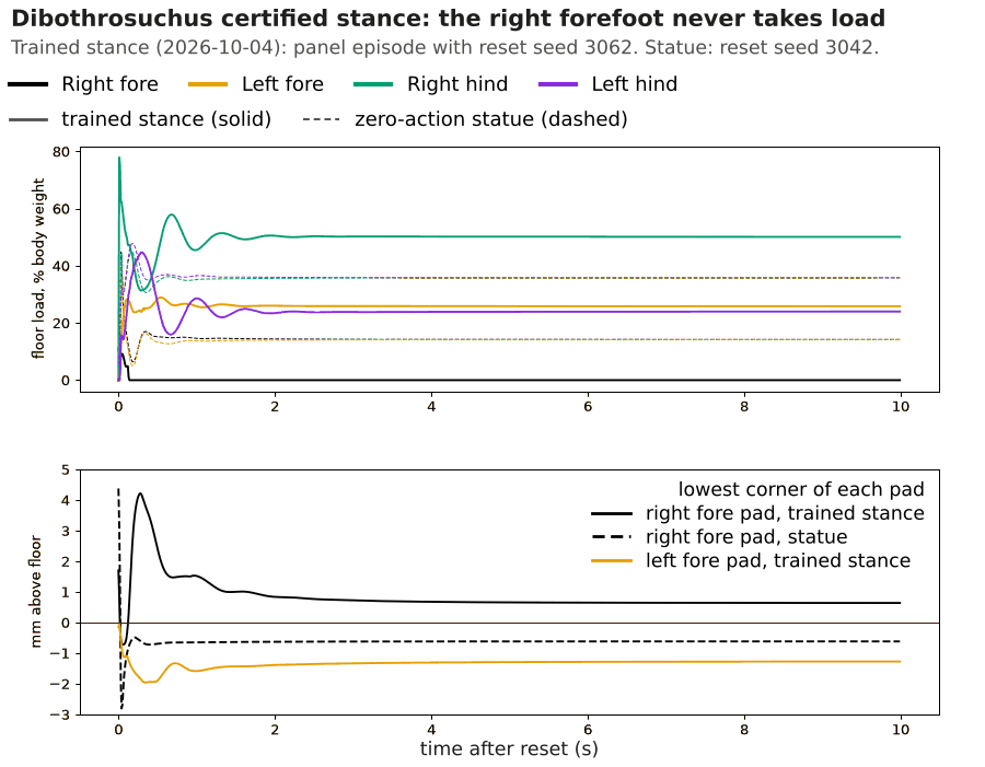 Two line charts over 10 seconds. In the top chart the right-forefoot load drops to zero while the right-hind load settles near 50%. In the bottom chart the right forefoot's lowest corner stays about 0.7 mm above the floor.