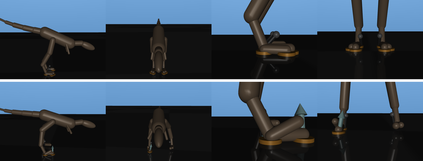 Two rows of Velociraptor renders. The top row stands with its legs under the body; the bottom row crouches low with the thighs swept back and the feet set wide.