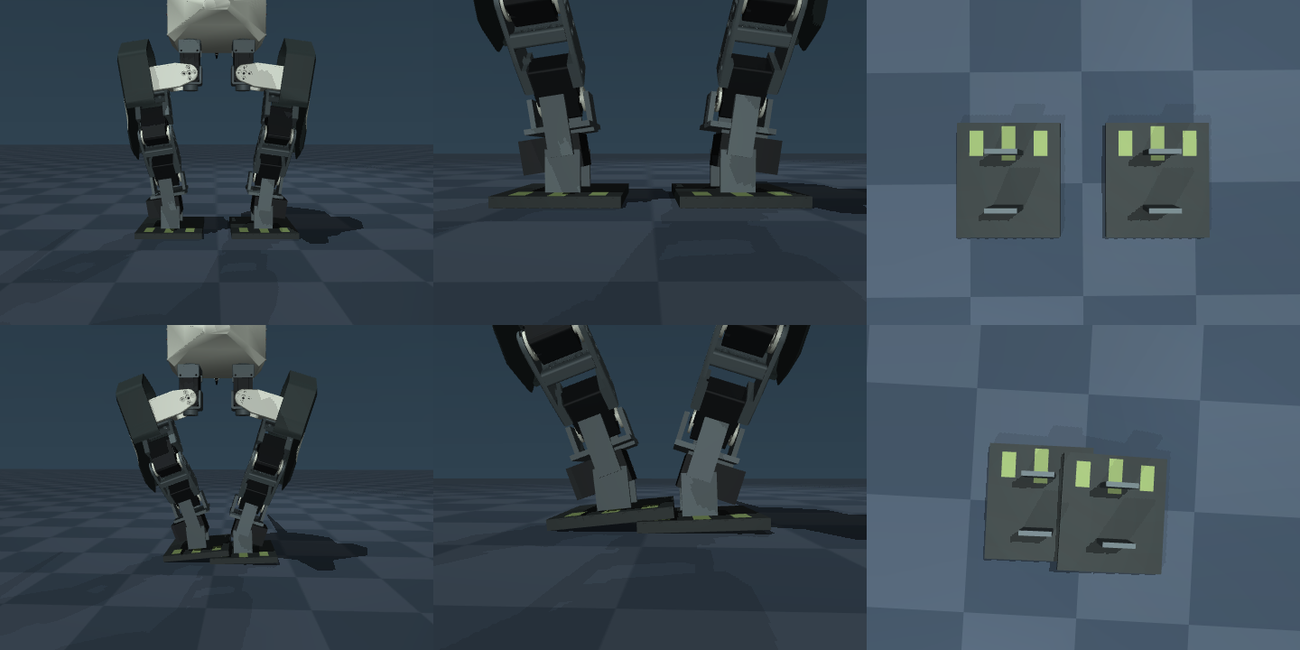 Robot leg renders. In the top row the two box-shaped soles sit apart on the floor; in the bottom row the knees are pulled together and one sole rests on top of the other.